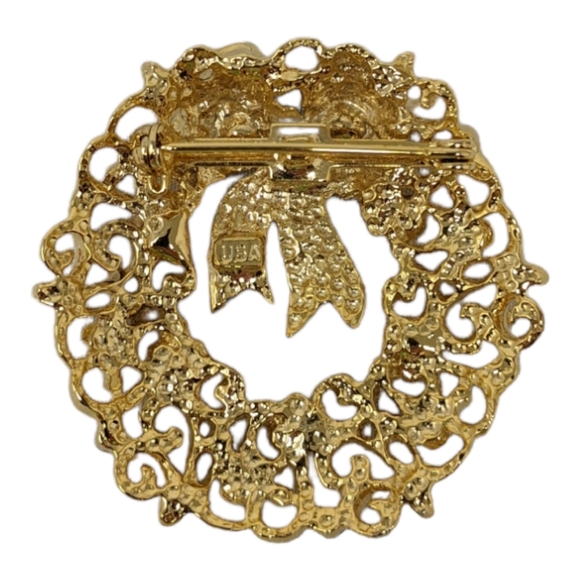 Christmas Wreath Brooch Pin Gold Toned Rhinestones Holiday - Picture 2 of 7
